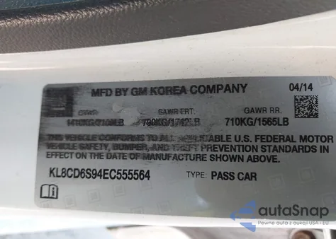 2014 Chevrolet Spark 1Lt Auto z USA, uszkodzony, nr VIN KL8CD6S94EC555564